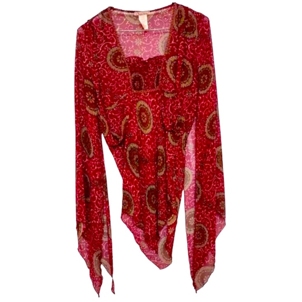 🌞 Miss Me Bohemian Sheer Maroon flowy asymmetric Tunic ala Stevie Nicks women M